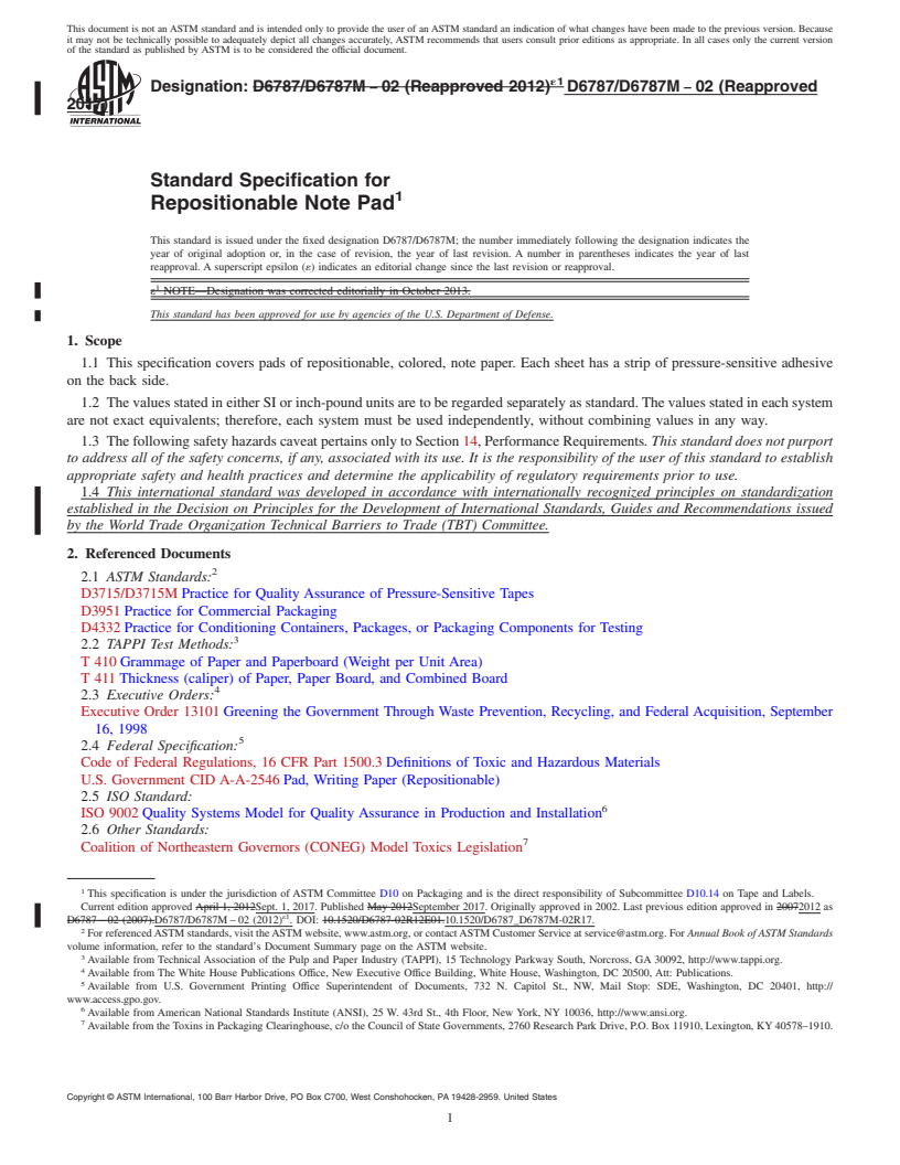 REDLINE ASTM D6787/D6787M-02(2017) - Standard Specification for  Repositionable Note Pad