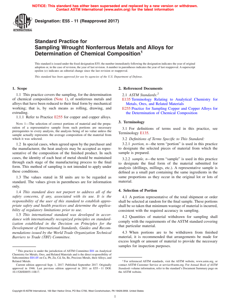 ASTM E55-11(2017) - Standard Practice for  Sampling Wrought Nonferrous Metals and Alloys for Determination  of Chemical Composition