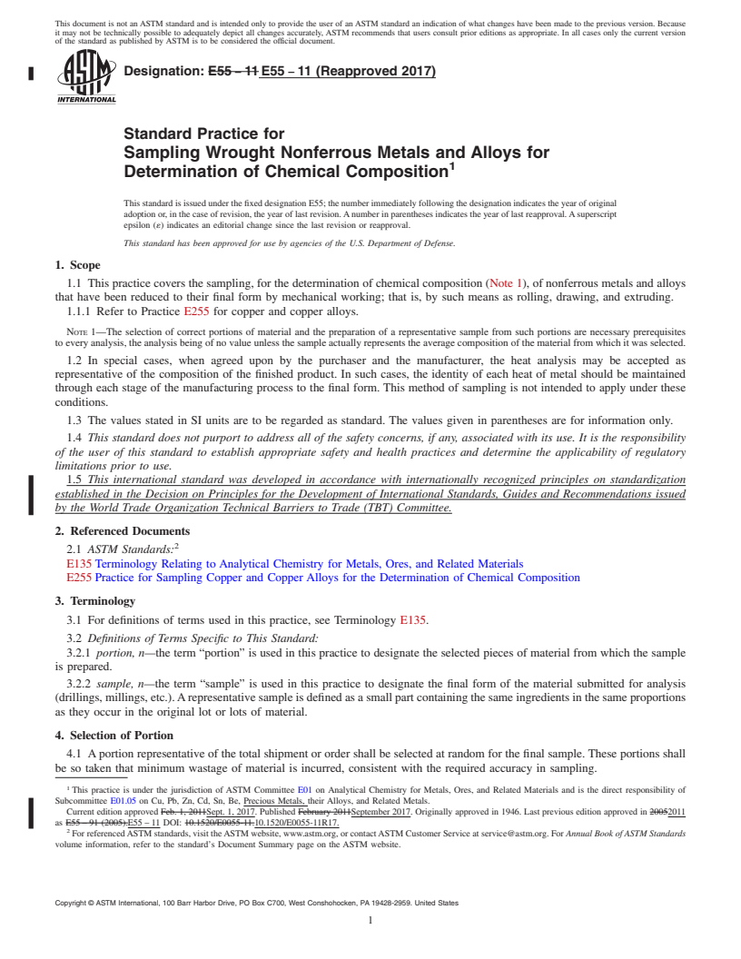 REDLINE ASTM E55-11(2017) - Standard Practice for  Sampling Wrought Nonferrous Metals and Alloys for Determination  of Chemical Composition