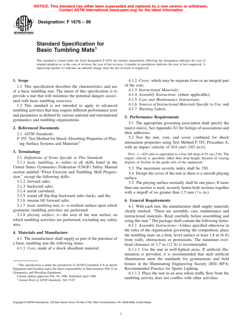ASTM F1676-96 - Standard Specification for Basic Tumbling Mats