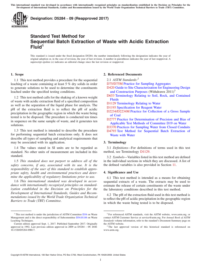 ASTM D5284-09(2017) - Standard Test Method for  Sequential Batch Extraction of Waste with Acidic Extraction  Fluid