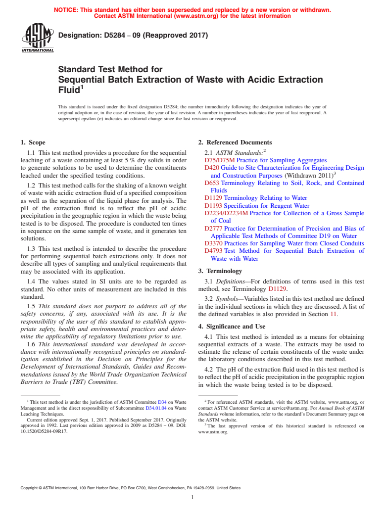 ASTM D5284-09(2017) - Standard Test Method for  Sequential Batch Extraction of Waste with Acidic Extraction  Fluid