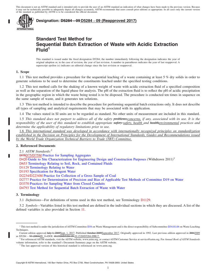 REDLINE ASTM D5284-09(2017) - Standard Test Method for  Sequential Batch Extraction of Waste with Acidic Extraction  Fluid