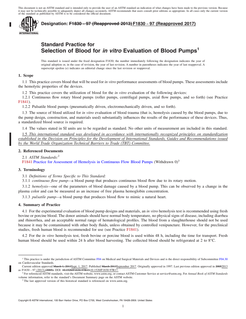 REDLINE ASTM F1830-97(2017) - Standard Practice for  Selection of Blood for <emph type="bdit">in vitro</emph> Evaluation  of Blood Pumps