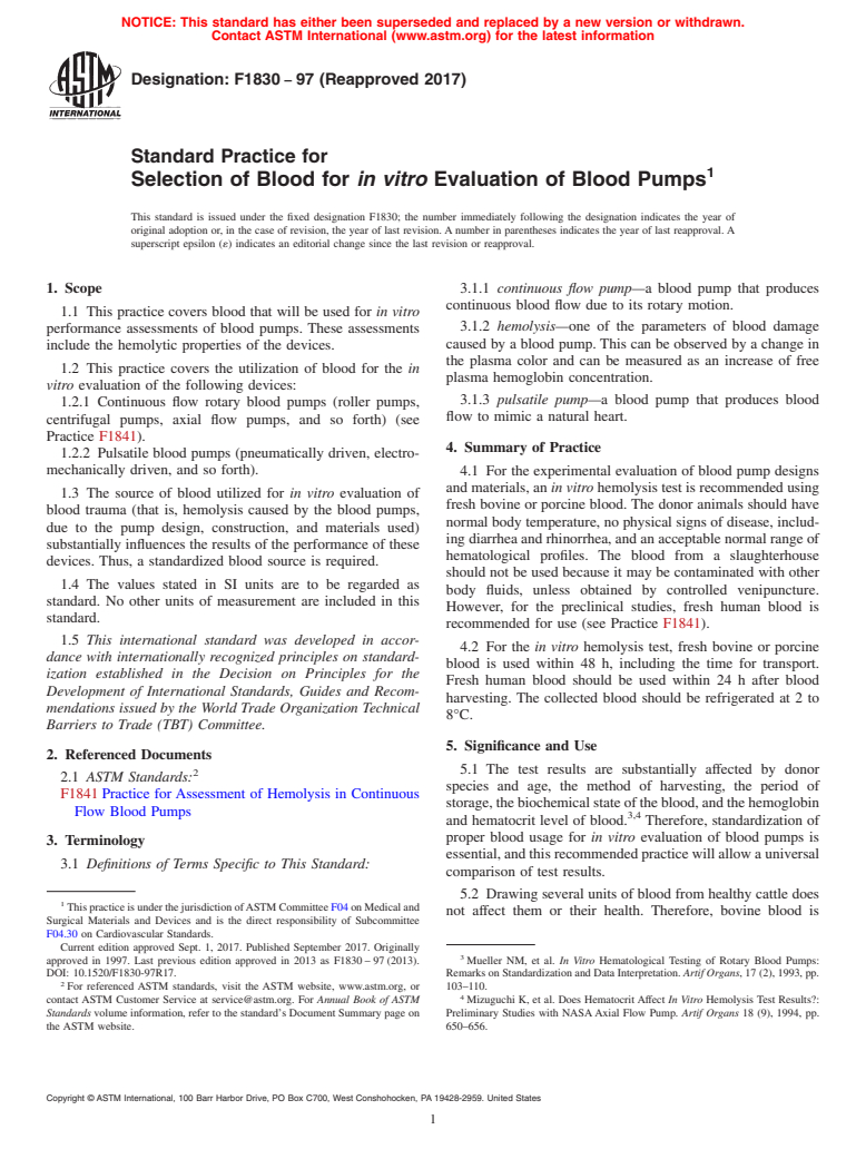 ASTM F1830-97(2017) - Standard Practice for  Selection of Blood for <emph type="bdit">in vitro</emph> Evaluation  of Blood Pumps