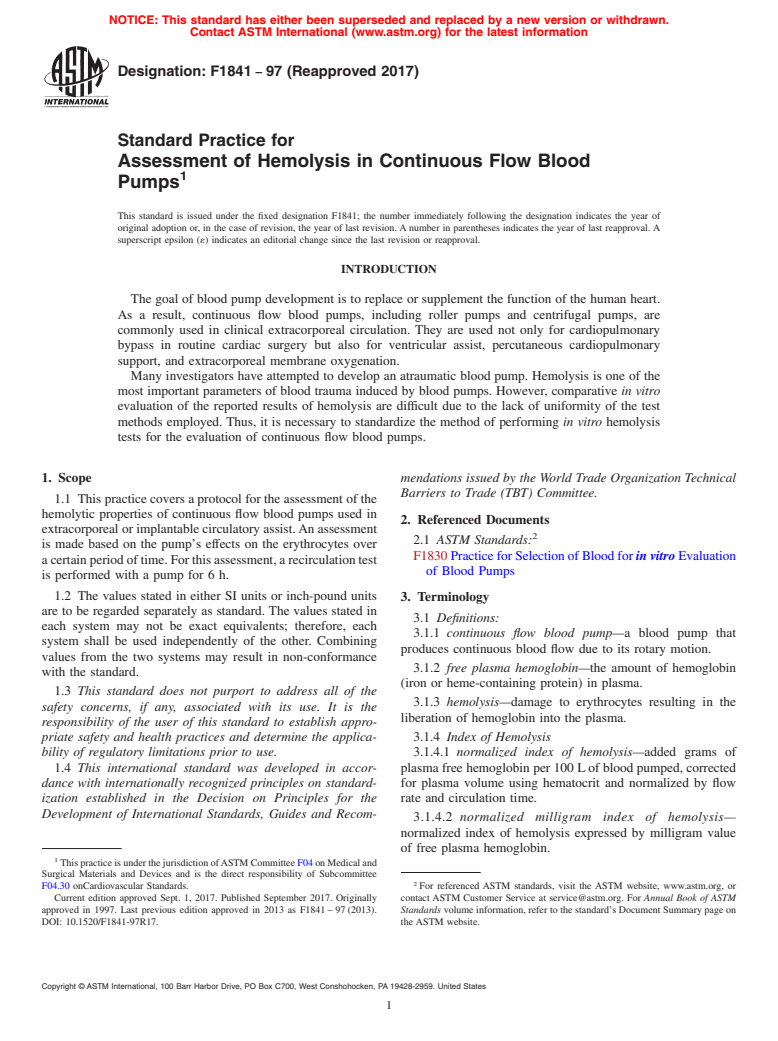 ASTM F1841-97(2017) - Standard Practice for  Assessment of Hemolysis in Continuous Flow Blood Pumps