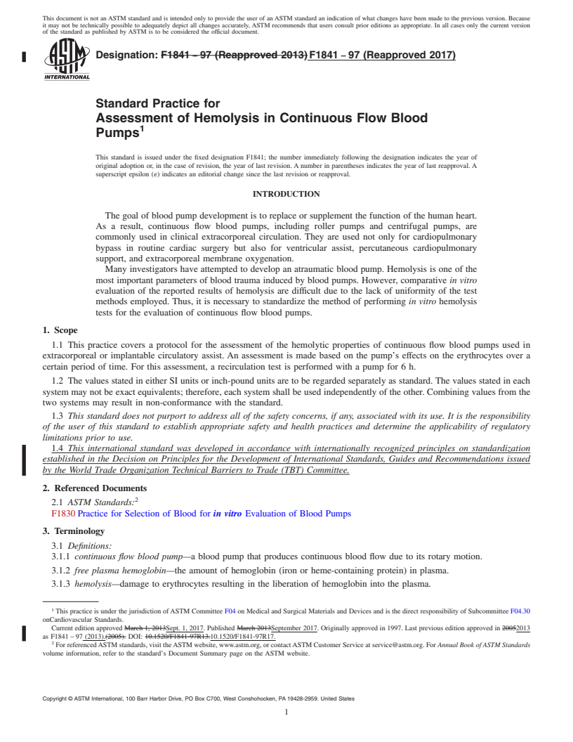 REDLINE ASTM F1841-97(2017) - Standard Practice for  Assessment of Hemolysis in Continuous Flow Blood Pumps