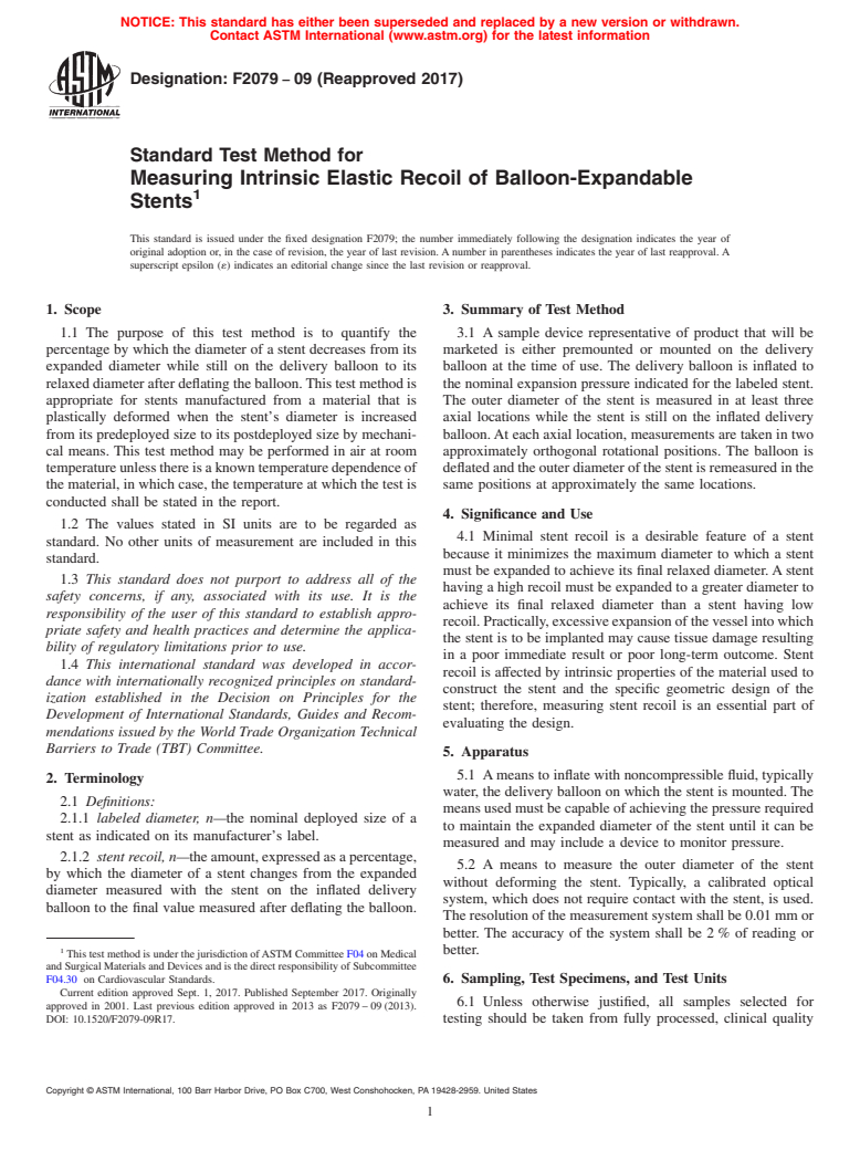 ASTM F2079-09(2017) - Standard Test Method for  Measuring Intrinsic Elastic Recoil of Balloon-Expandable Stents