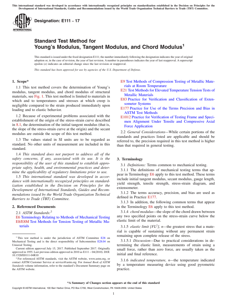 ASTM E111-17 - Standard Test Method for Young&#x2019;s Modulus, Tangent Modulus, and Chord Modulus