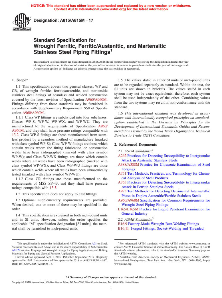 ASTM A815/A815M-17 - Standard Specification for  Wrought Ferritic, Ferritic/Austenitic, and Martensitic Stainless   Steel Piping Fittings