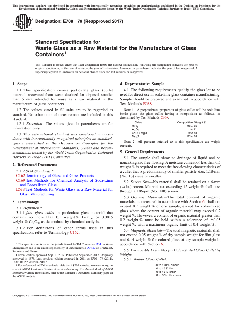 ASTM E708-79(2017) - Standard Specification for  Waste Glass as a Raw Material for the Manufacture of Glass  Containers