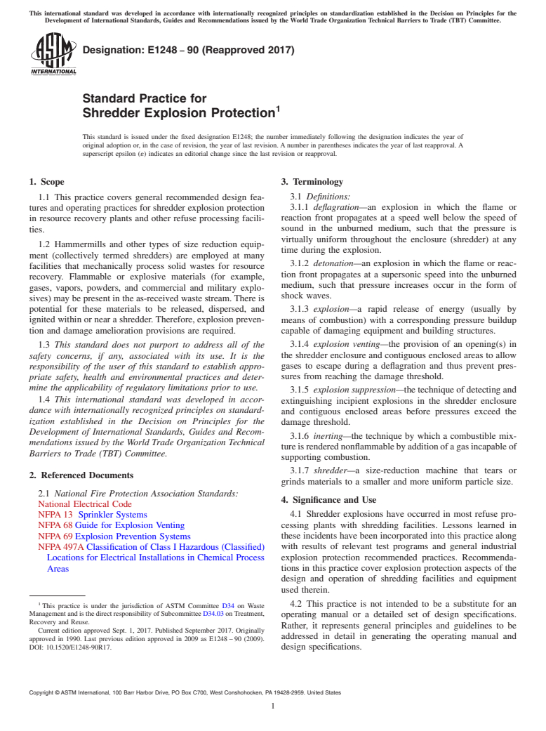 ASTM E1248-90(2017) - Standard Practice for  Shredder Explosion Protection