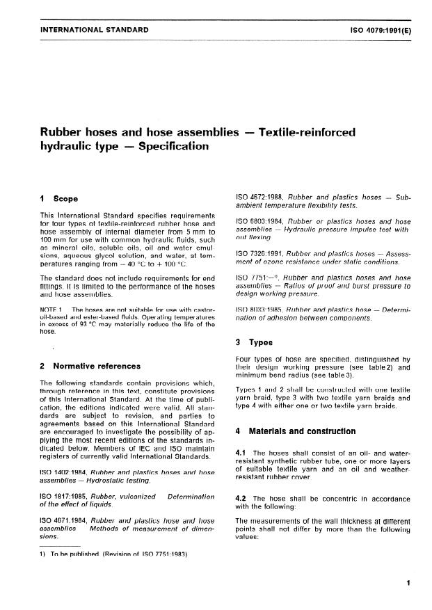 ISO 4079:1991 - Rubber hoses and hose assemblies -- Textile-reinforced hydraulic type -- Specification