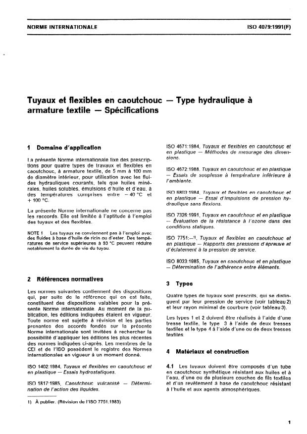 ISO 4079:1991 - Tuyaux et flexibles en caoutchouc -- Type hydraulique a armature textile -- Spécifications