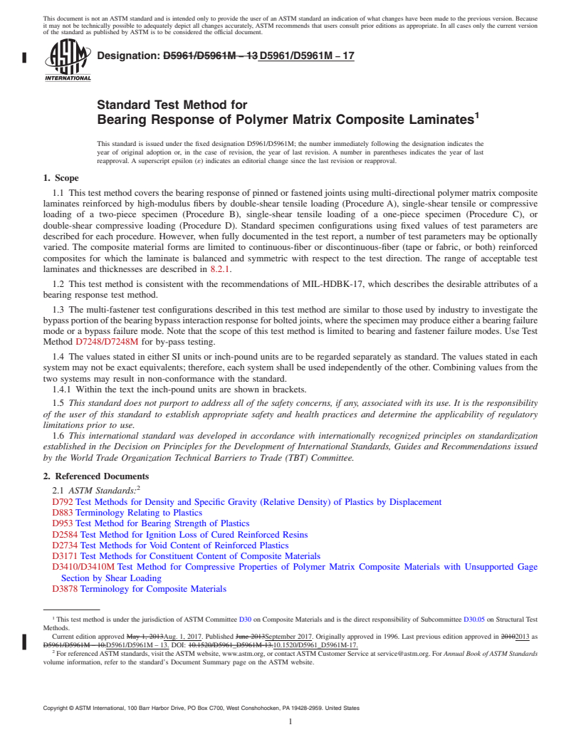 REDLINE ASTM D5961/D5961M-17 - Standard Test Method for  Bearing Response of Polymer Matrix Composite Laminates