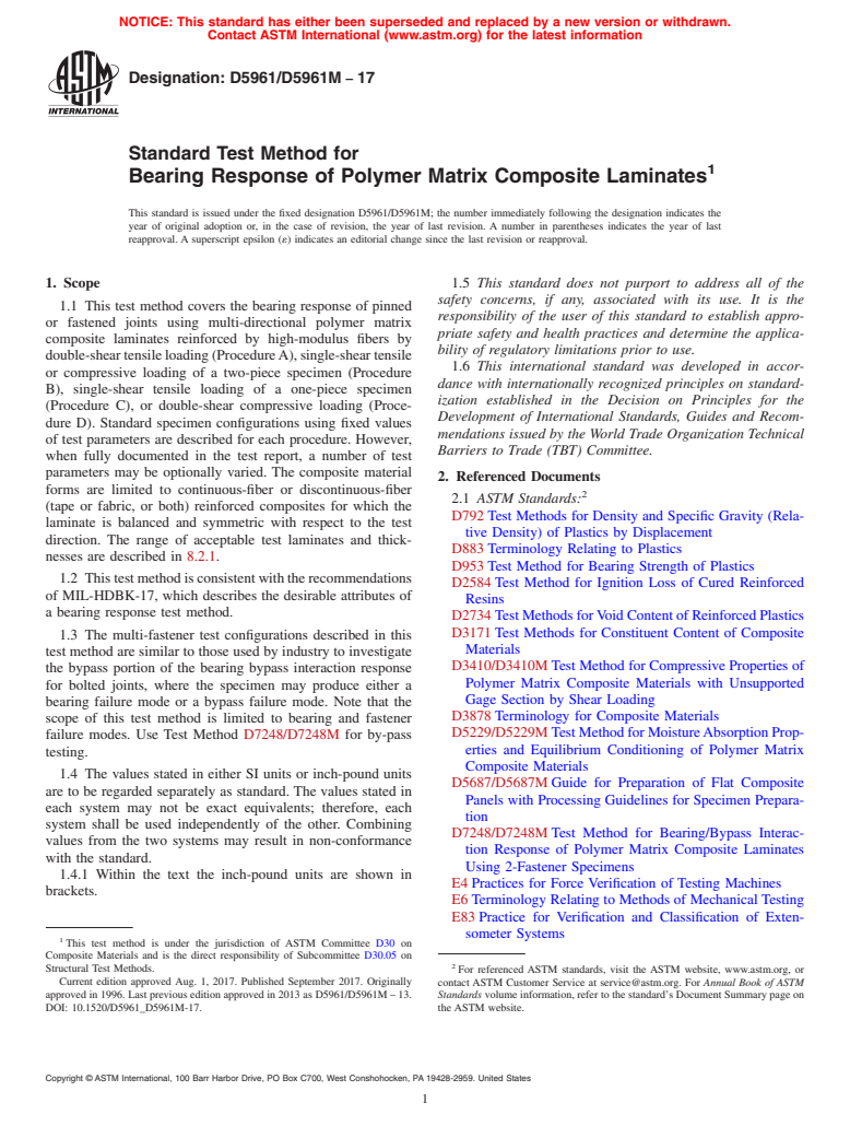 ASTM D5961/D5961M-17 - Standard Test Method for  Bearing Response of Polymer Matrix Composite Laminates