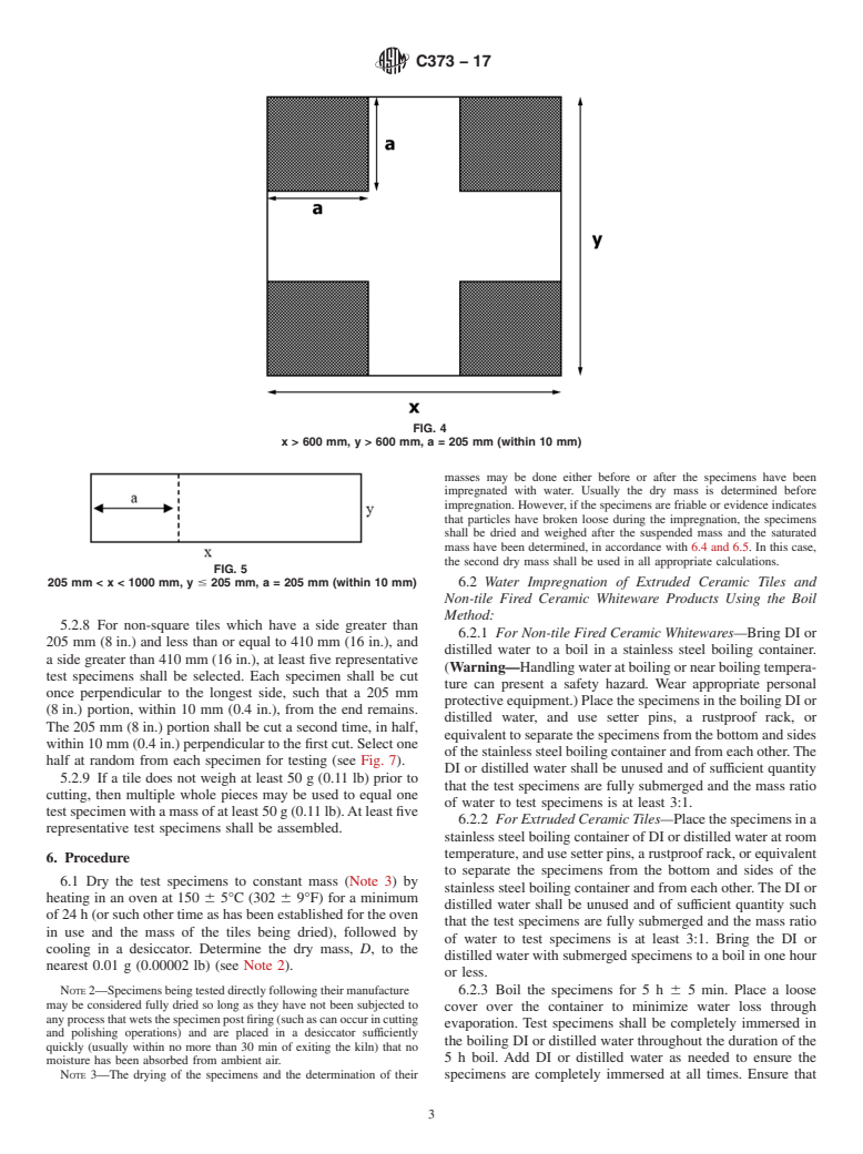 ASTM C373-17 - Standard Test Methods for  Determination of Water Absorption and Associated Properties  by Vacuum Method for Pressed Ceramic Tiles and Glass Tiles and Boil  Method for Extruded Ceramic Tiles and Non-tile Fired Ceramic Whiteware  Products