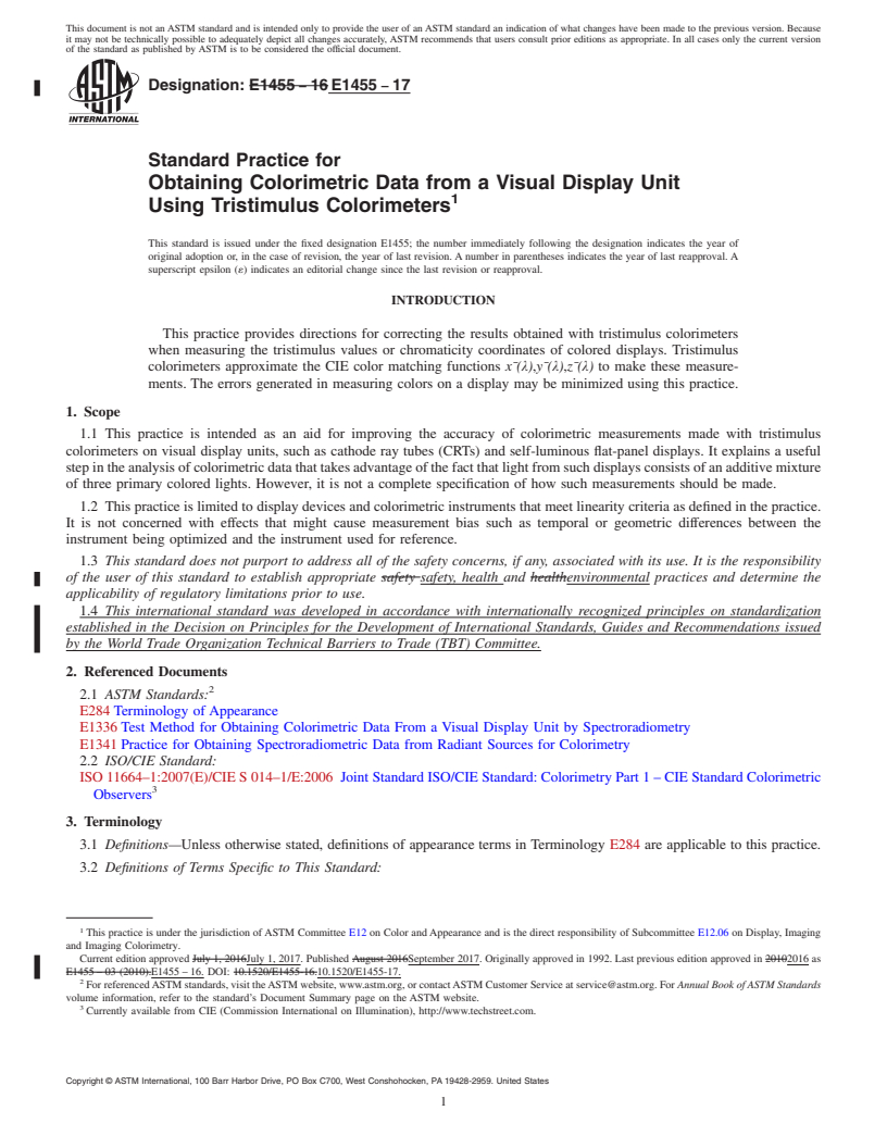 REDLINE ASTM E1455-17 - Standard Practice for Obtaining Colorimetric Data from a Visual Display Unit Using  Tristimulus Colorimeters