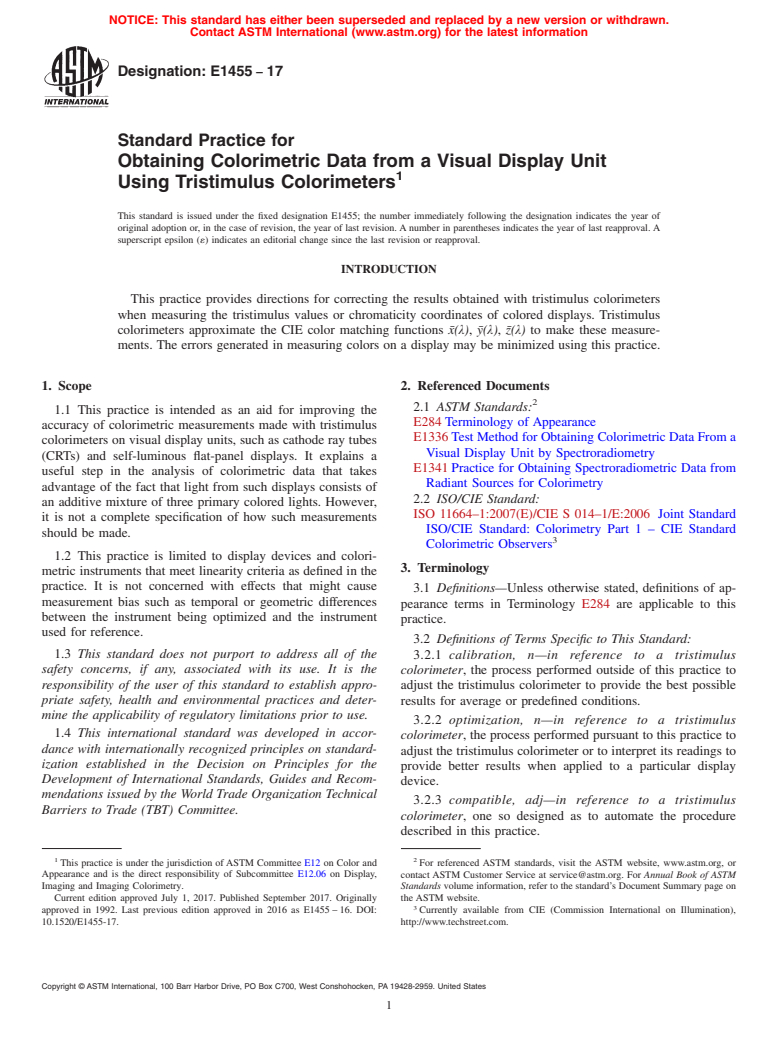 ASTM E1455-17 - Standard Practice for Obtaining Colorimetric Data from a Visual Display Unit Using  Tristimulus Colorimeters