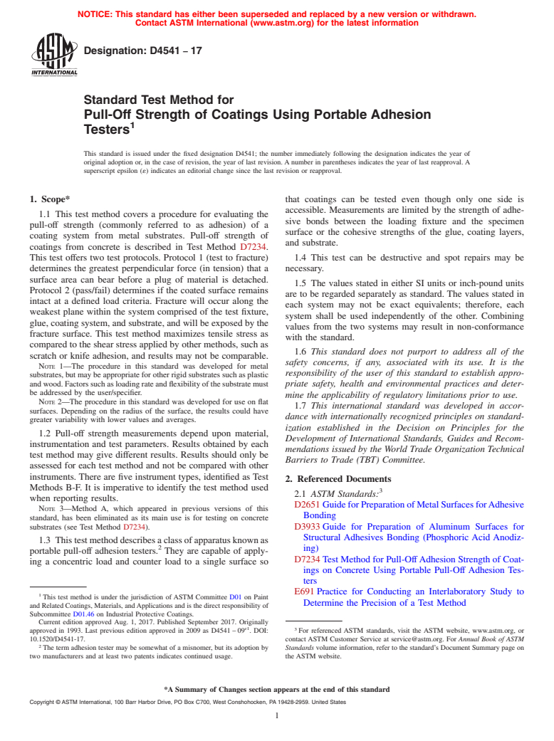 ASTM D4541-17 - Standard Test Method for Pull-Off Strength of Coatings Using Portable Adhesion Testers