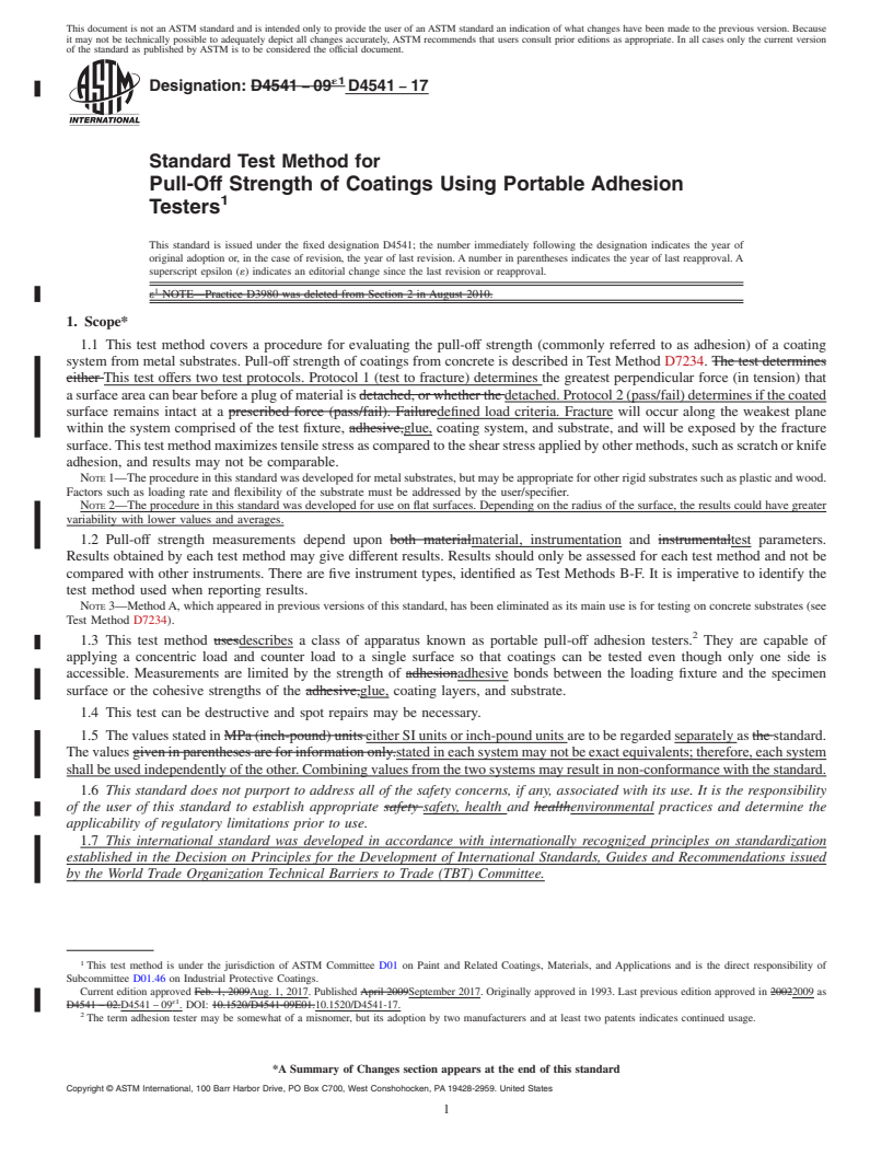 REDLINE ASTM D4541-17 - Standard Test Method for Pull-Off Strength of Coatings Using Portable Adhesion Testers