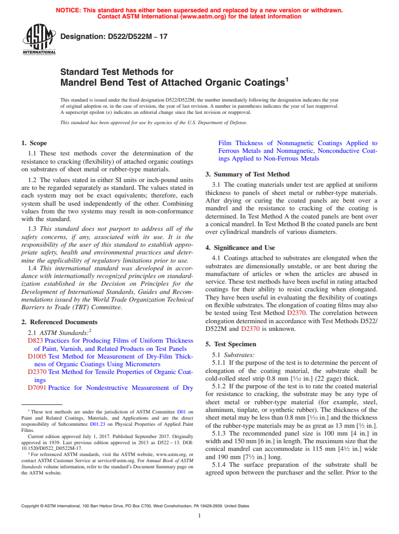 ASTM D522/D522M-17 - Standard Test Methods for Mandrel Bend Test of Attached Organic Coatings