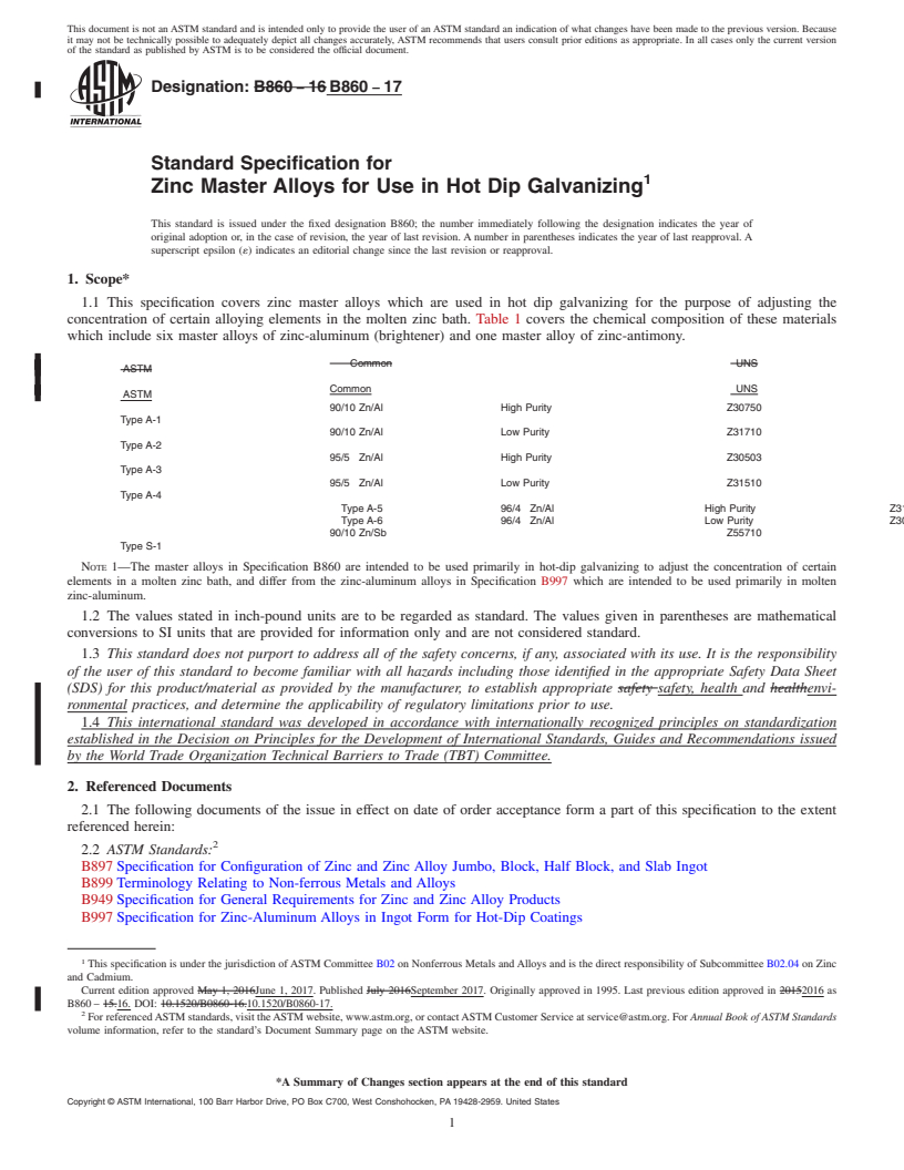 REDLINE ASTM B860-17 - Standard Specification for Zinc Master Alloys for Use in Hot Dip Galvanizing