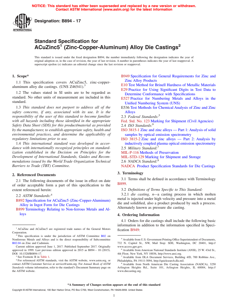 ASTM B894-17 - Standard Specification for ACuZinc5 (Withdrawn 2022)