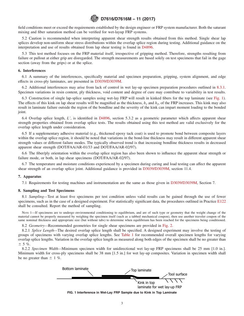 REDLINE ASTM D7616/D7616M-11(2017) - Standard Test Method for Determining Apparent Overlap Splice Shear Strength Properties  of Wet Lay-Up Fiber-Reinforced Polymer Matrix Composites Used for  Strengthening Civil Structures