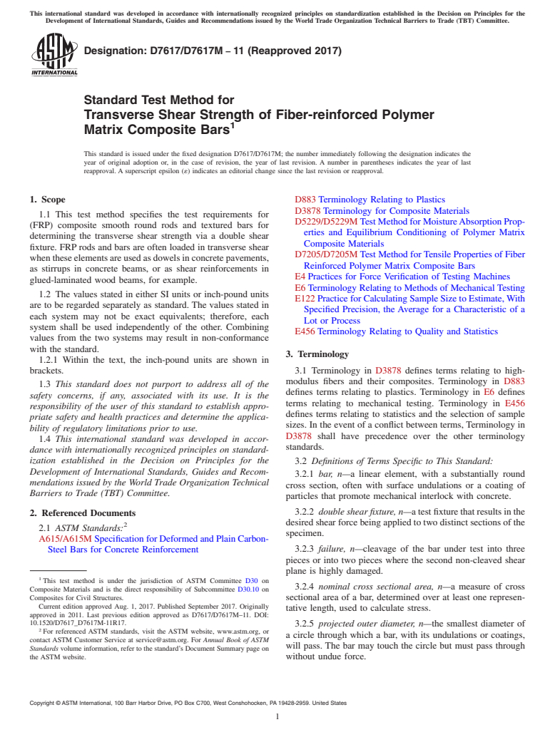 ASTM D7617/D7617M-11(2017) - Standard Test Method for Transverse Shear Strength of Fiber-reinforced Polymer Matrix  Composite Bars