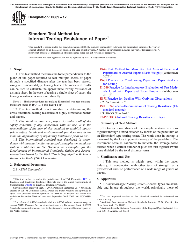 ASTM D689-17 - Standard Test Method for Internal Tearing Resistance of Paper