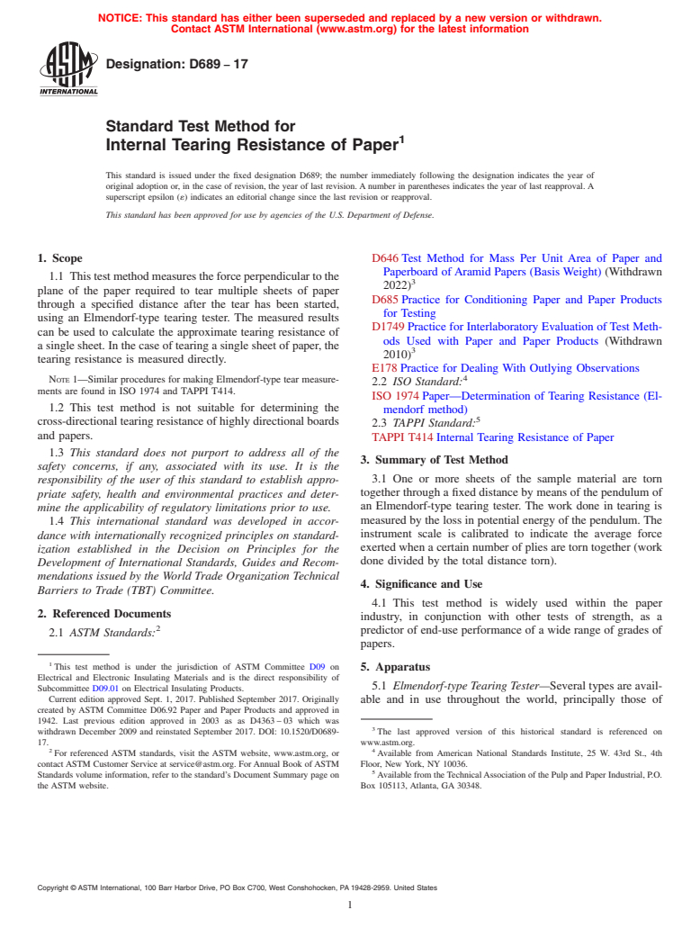 ASTM D689-17 - Standard Test Method for Internal Tearing Resistance of Paper