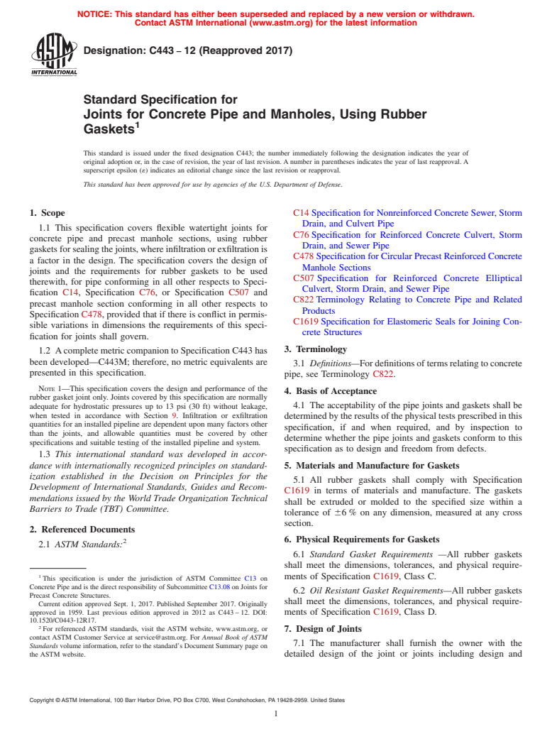 ASTM C443-12(2017) - Standard Specification for Joints for Concrete Pipe and Manholes, Using Rubber Gaskets