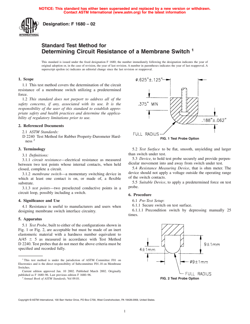 ASTM F1680-02 - Standard Test Method for Determining Circuit Resistance of a Membrane Switch