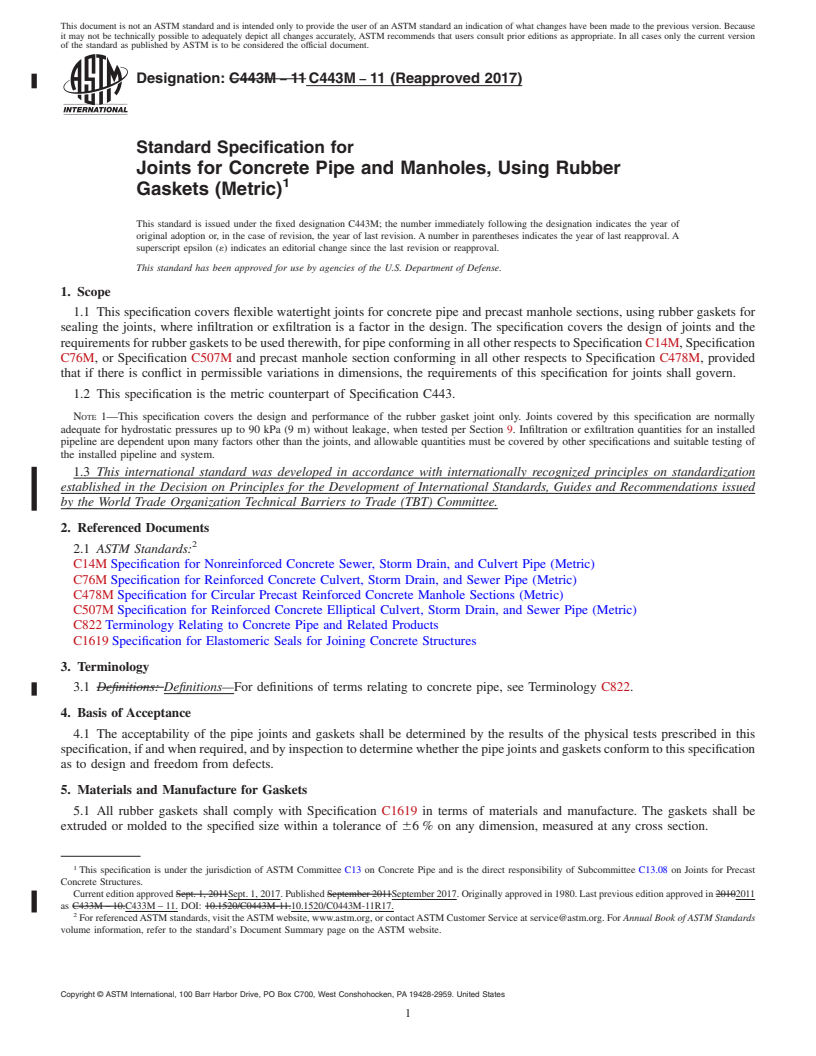 REDLINE ASTM C443M-11(2017) - Standard Specification for Joints for Concrete Pipe and Manholes, Using Rubber Gaskets   (Metric)