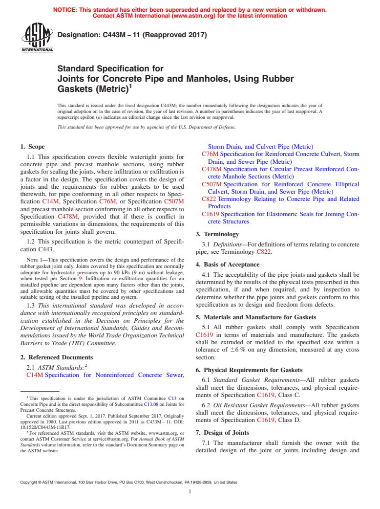 ASTM C443M-11(2017) - Standard Specification for Joints for Concrete Pipe and Manholes, Using Rubber Gaskets   (Metric)