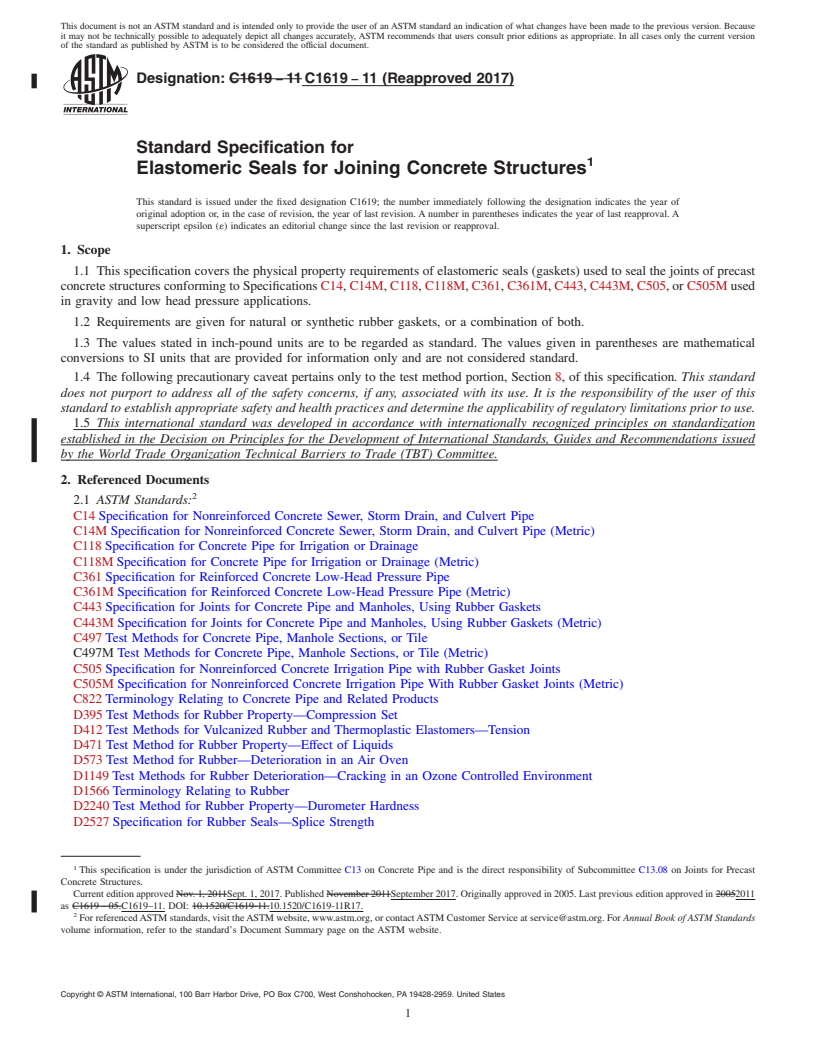 REDLINE ASTM C1619-11(2017) - Standard Specification for Elastomeric Seals for Joining Concrete Structures