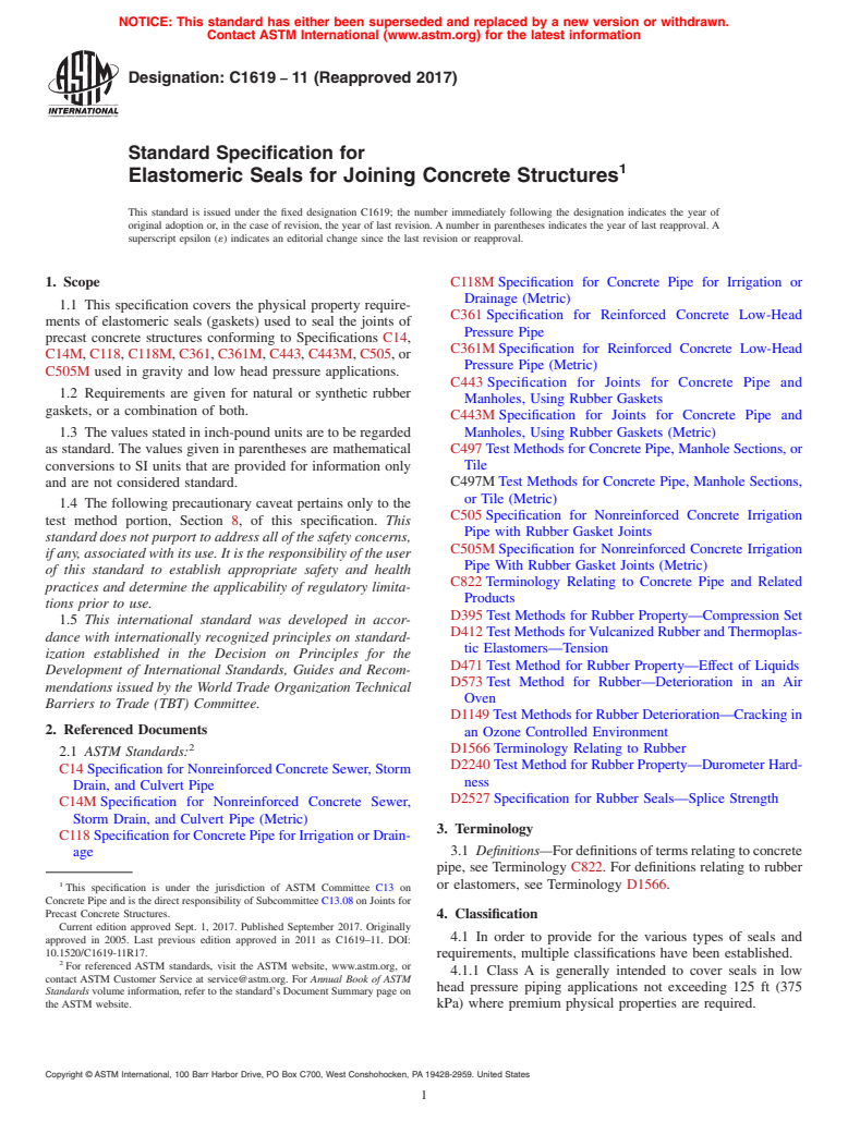 ASTM C1619-11(2017) - Standard Specification for Elastomeric Seals for Joining Concrete Structures