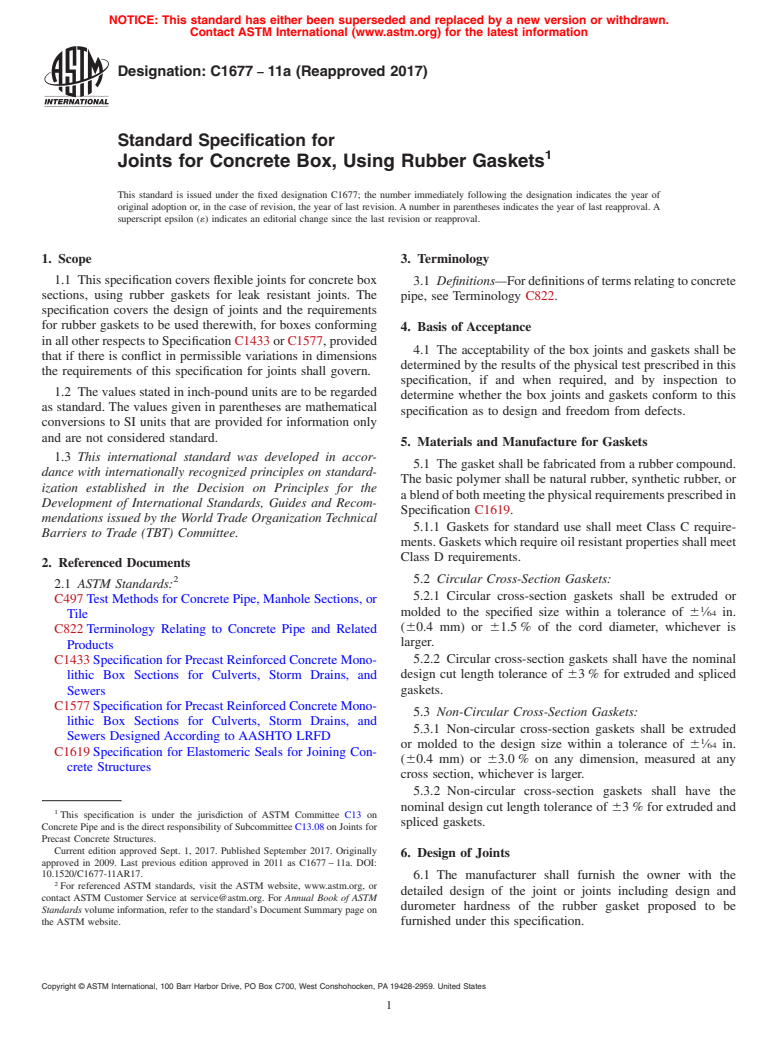 ASTM C1677-11a(2017) - Standard Specification for Joints for Concrete Box, Using Rubber Gaskets