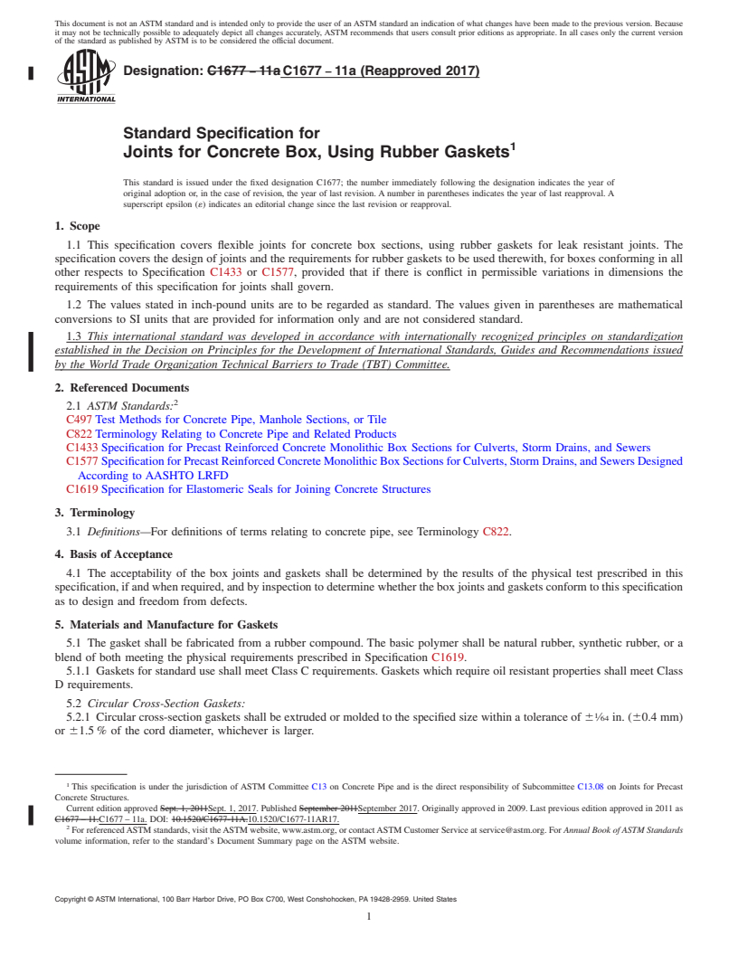 REDLINE ASTM C1677-11a(2017) - Standard Specification for Joints for Concrete Box, Using Rubber Gaskets