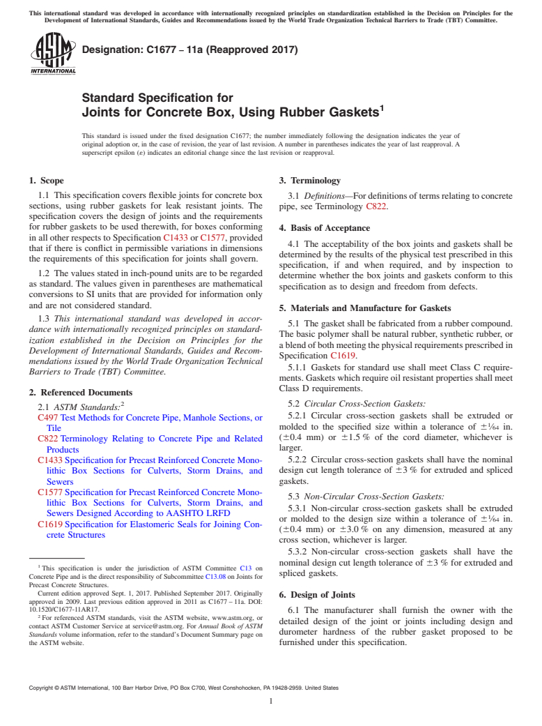 ASTM C1677-11a(2017) - Standard Specification for Joints for Concrete Box, Using Rubber Gaskets