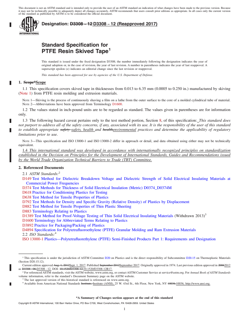 REDLINE ASTM D3308-12(2017) - Standard Specification for  PTFE Resin Skived Tape