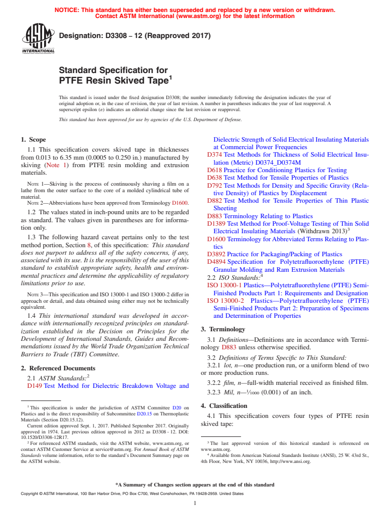 ASTM D3308-12(2017) - Standard Specification for  PTFE Resin Skived Tape