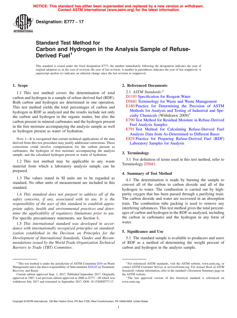 ASTM E777-17 - Standard Test Method for  Carbon and Hydrogen in the Analysis Sample of Refuse-Derived  Fuel