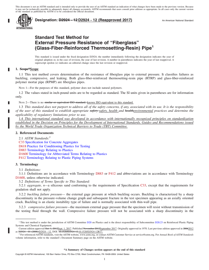 REDLINE ASTM D2924-12(2017) - Standard Test Method for External Pressure Resistance of &#x201c;Fiberglass&#x201d;<brk  /> (Glass-Fiber-Reinforced Thermosetting-Resin) Pipe