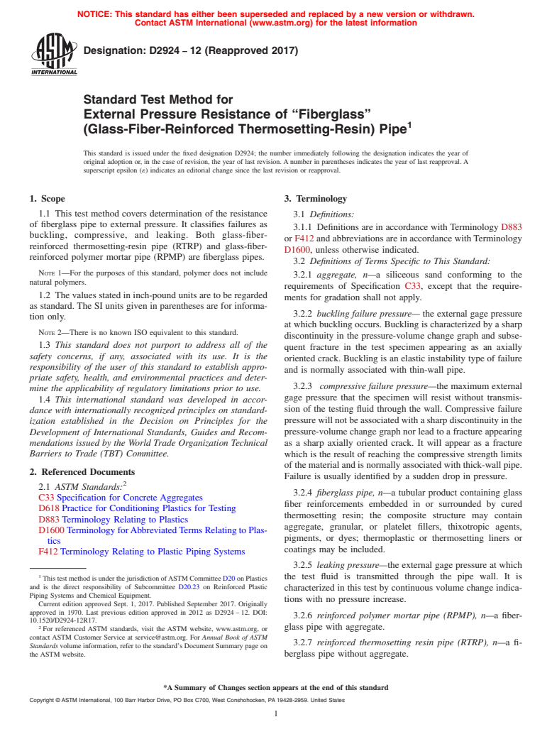 ASTM D2924-12(2017) - Standard Test Method for External Pressure Resistance of &#x201c;Fiberglass&#x201d;<brk  /> (Glass-Fiber-Reinforced Thermosetting-Resin) Pipe