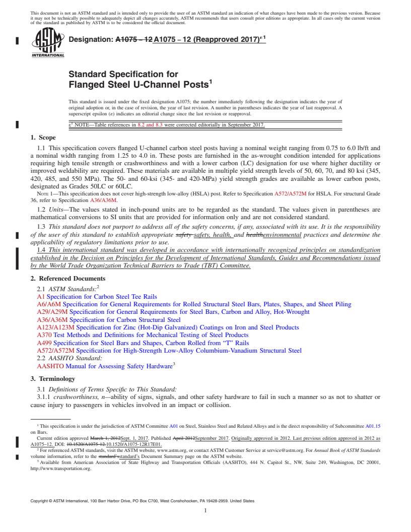 REDLINE ASTM A1075-12(2017)e1 - Standard Specification for Flanged Steel U-Channel Posts