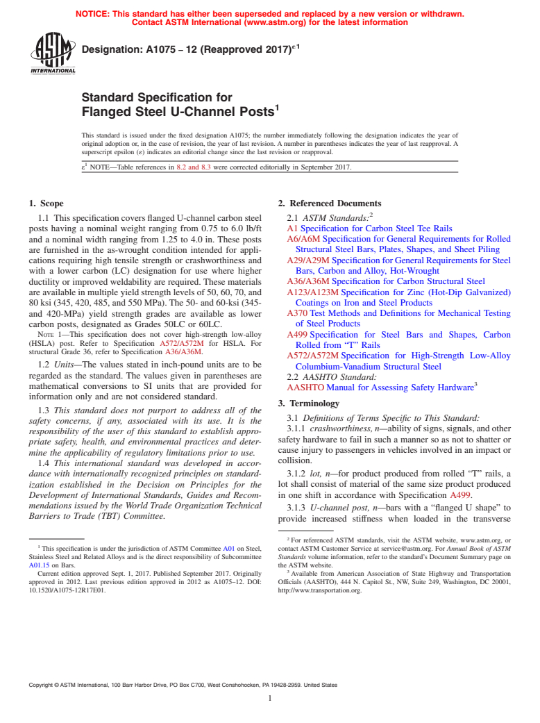 ASTM A1075-12(2017)e1 - Standard Specification for Flanged Steel U-Channel Posts