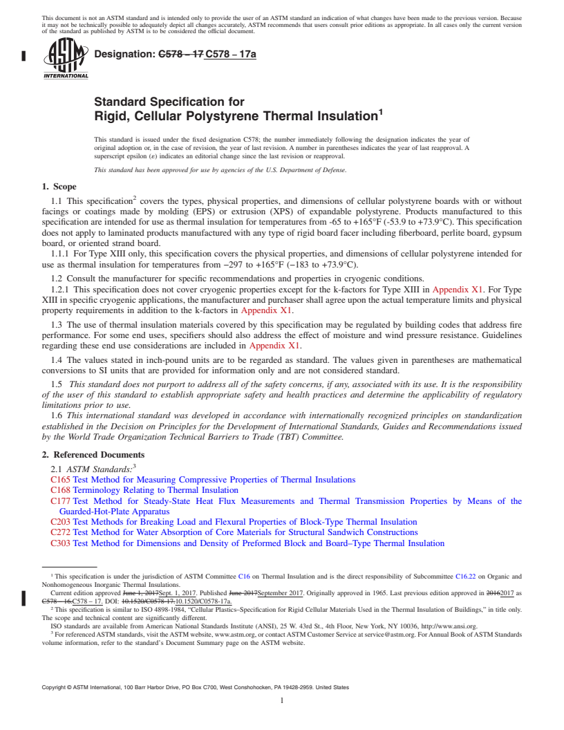 REDLINE ASTM C578-17a - Standard Specification for  Rigid, Cellular Polystyrene Thermal Insulation