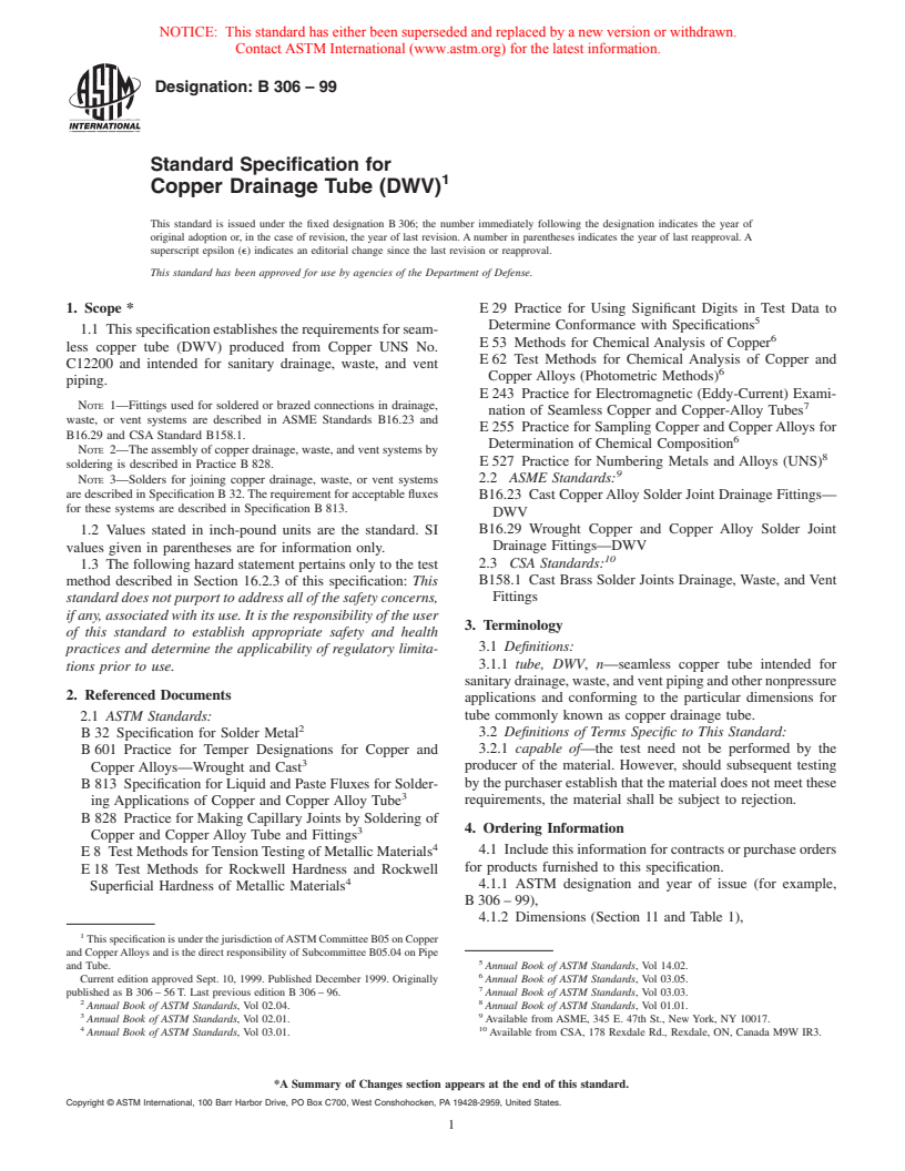 ASTM B306-99 - Standard Specification for Copper Drainage Tube (DWV)